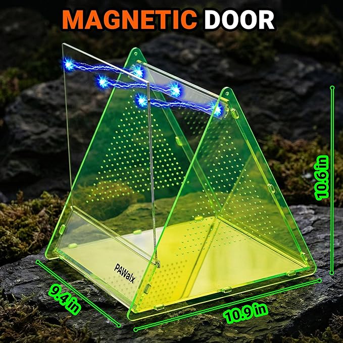 Triangular Jumping Spider Enclosure, Acrylic Terrarium with Magnetic Doors, 0.8mm Micro-Ventilation& Escape-Proof Design for Tarantulas, Lizards, Small Pets (Green,9.4"x10.9"x10.6")