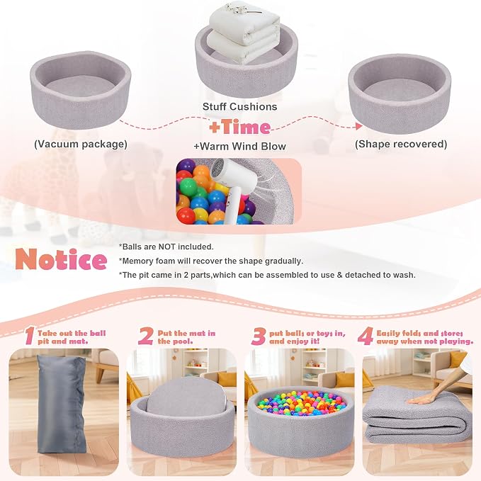 Imitation Teddy Colours Foam Ball Pit 35.4"x 11.8" Soft Round Playpen for Toddlers Dogs Cats with Soft Memory Sponge for Babies Indoor and Outdoor Game Gray (Balls not Included)
