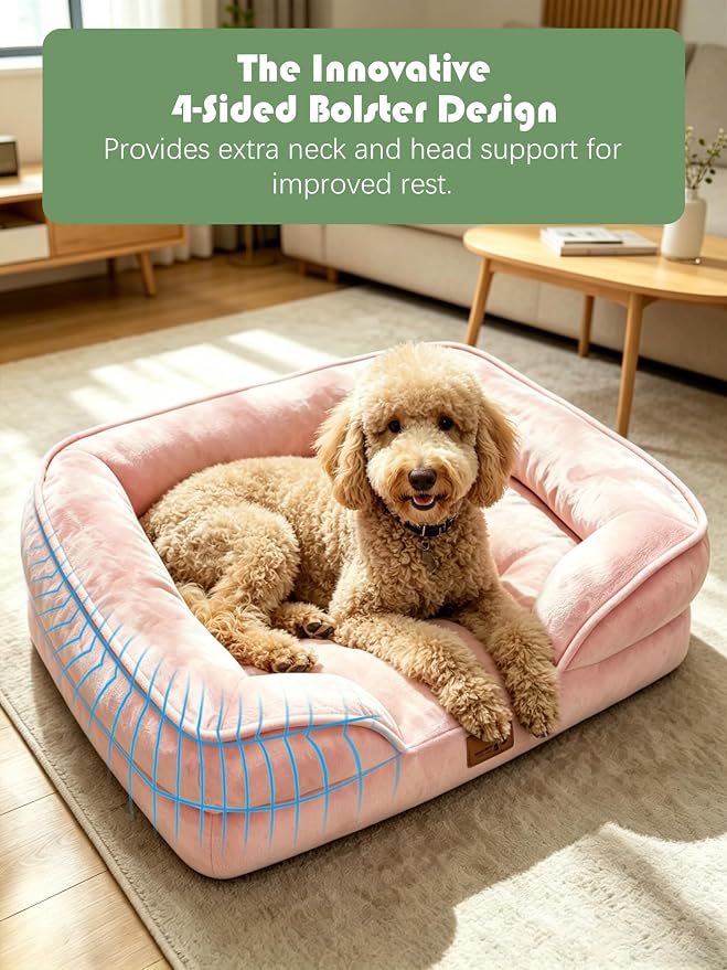 Spotted Play Orthopedic Dog Bed with Sides - Sofa Beds for Extra Large Dogs, Supportive Foam Pet Couch Bed with Washable Removable Cover, Waterproof Lining and Non-Slip Bottom, Pink - XL
