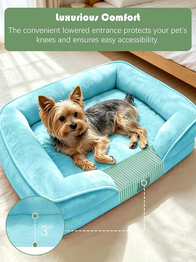 Spotted Play Orthopedic Dog Bed with Sides - Sofa Beds for Small Dogs, Supportive Foam Pet Couch Bed with Washable Removable Cover, Waterproof Lining and Non-Slip Bottom, Ice Blue - S