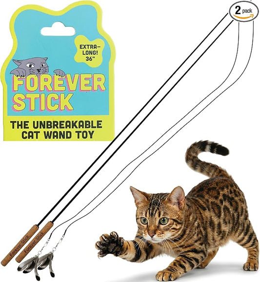 Forever Stick 2-Pack - The Unbreakable Cat Wand Toy, Durable Cat Toy Wand, Extra Long Cat String Toy, Cat Fishing Pole Toy for Bored Indoor Adult Cats, Cat Stick Toy, Cat Feather Wand, Cat Teaser Wand