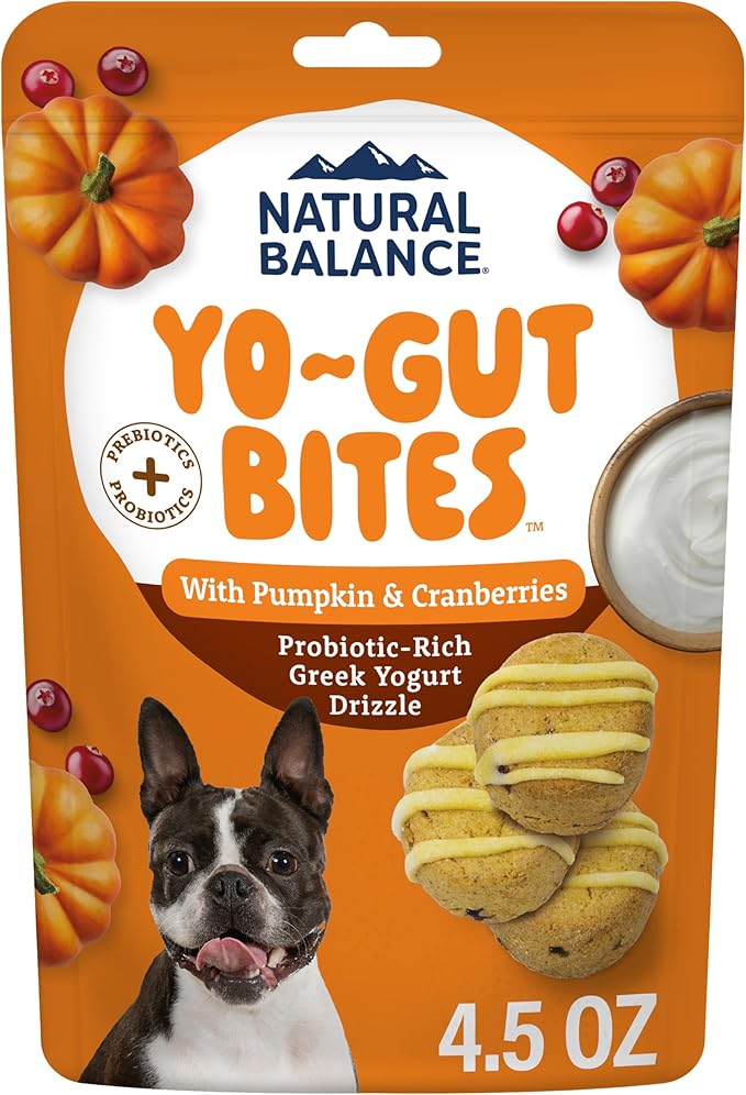 Natural Balance Yo-Gut Bites Crunchy Dog Treats with Real Pumpkin & Cranberries, Greek Yogurt Drizzle, Probiotics for Digestive Support, 4.5oz Bag