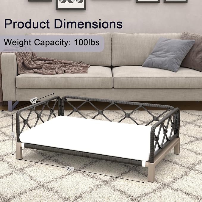 Dog Couch, 2-in-1 Dog Sofa Bed with Woven Rattan Black Wicker Frame, Indoor/Outdoor Durable Pet Sofa with Removable Plush White Cushion for Kitty, Puppy, Small Animal