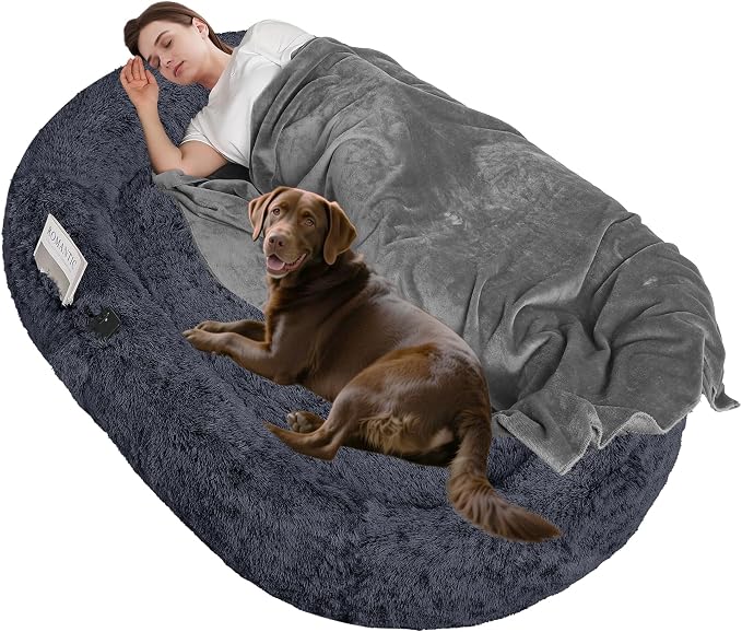 Human Dog Bed for Adult, Orthopedic Gel Memory Foam, 71"x47"x9" | Human Dog Bed Fits Adult & Pets, Reversible Egg-Crate Foam Cushion, Washable Pet Bed with Blanket, Graphite Grey