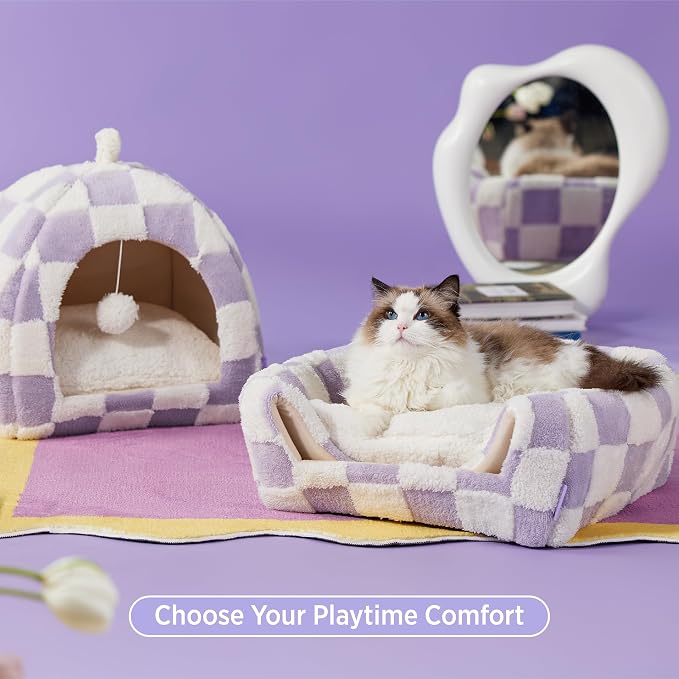 Lesure 2in1 Cute Cat House for Kitten with Washable Cushioned Pillow,17.3in | Cat Beds for Indoor Cats,Small Pet Cave Tent,Cozy Enclosed Foldable Hideaway,Fluffy Ball,Anti Slip Bottom,Hand Strap,Purple