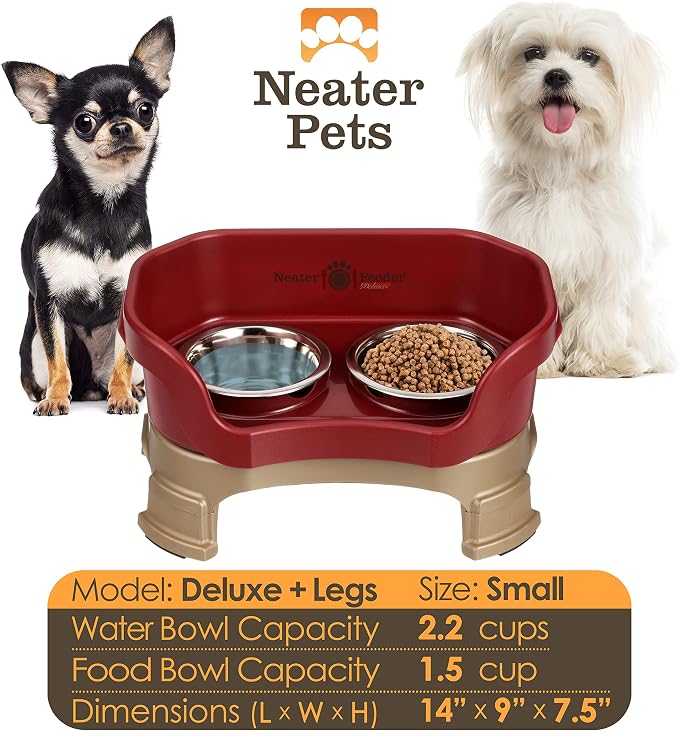 Neater Feeder Deluxe Mess-Proof Elevated Dog Bowls for Small Dogs (Up to 19 lbs), 2 Height Adjustable (6” & 7.5”) No-Spill Raised Dog Bowl Stand, Stainless Steel Food Bowl Set, Made in USA, Cranberry