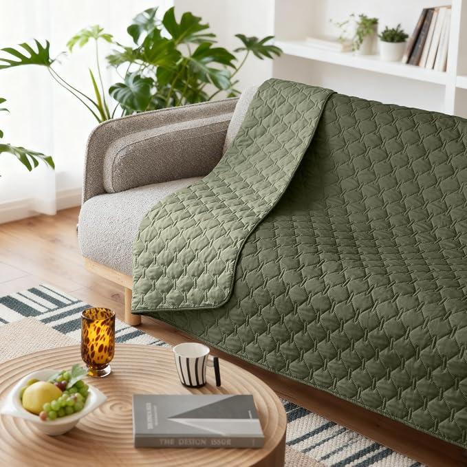 gogobunny Waterproof Dog Blankets for Large Dogs, Pet Bed Cover Breathable | Washable Pee Pads, Quilted Throw Blanket, Furniture Protector for Couch Sofa Bed Car, 82x82 Inch Dark/Light Olive