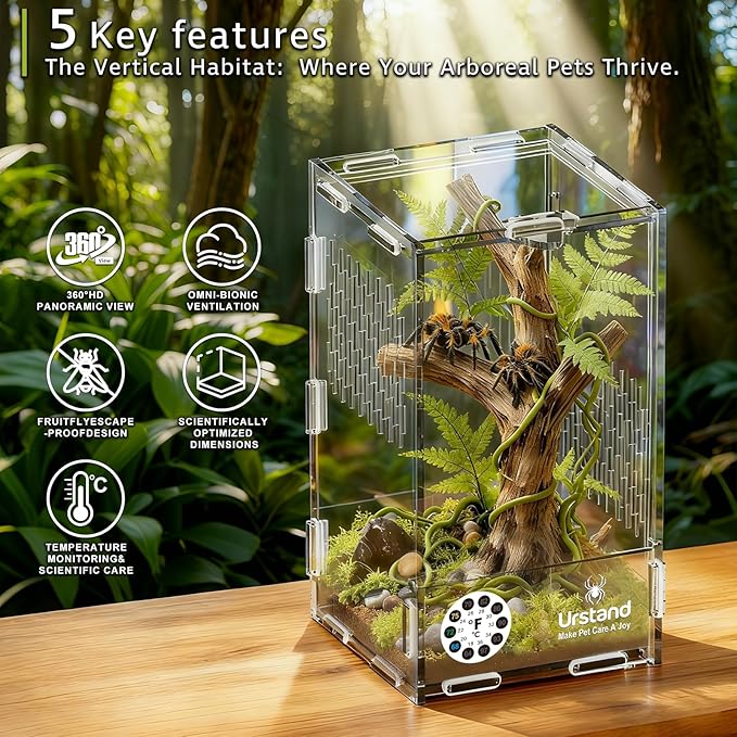 Jumping Spider Enclosure, Front-Opening Acrylic Spider Terrarium with Magnetic Door,Laser-Cut Biomimetic Ventilation System, Escape-Proof for Feeder Insects (4.3"x4.3"x7.8")