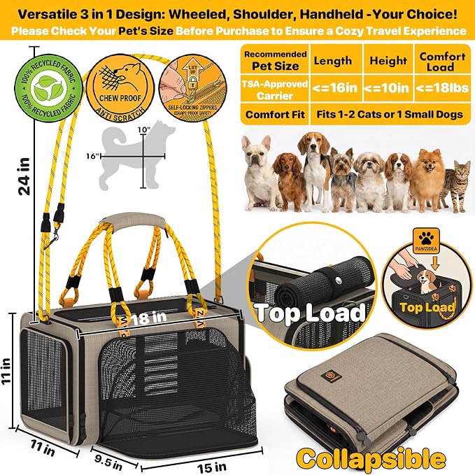 PAWZIDEA Expandable Pet Carrier for Small Cats & Dogs, TSA Airline Approved | 18"×11"×11" Soft-Sided Small Dog Travel Bag, Collapsible Top-Load Cat Carrier for 2 Cats Under Seat, Puppy Car Seat Up 15lbs