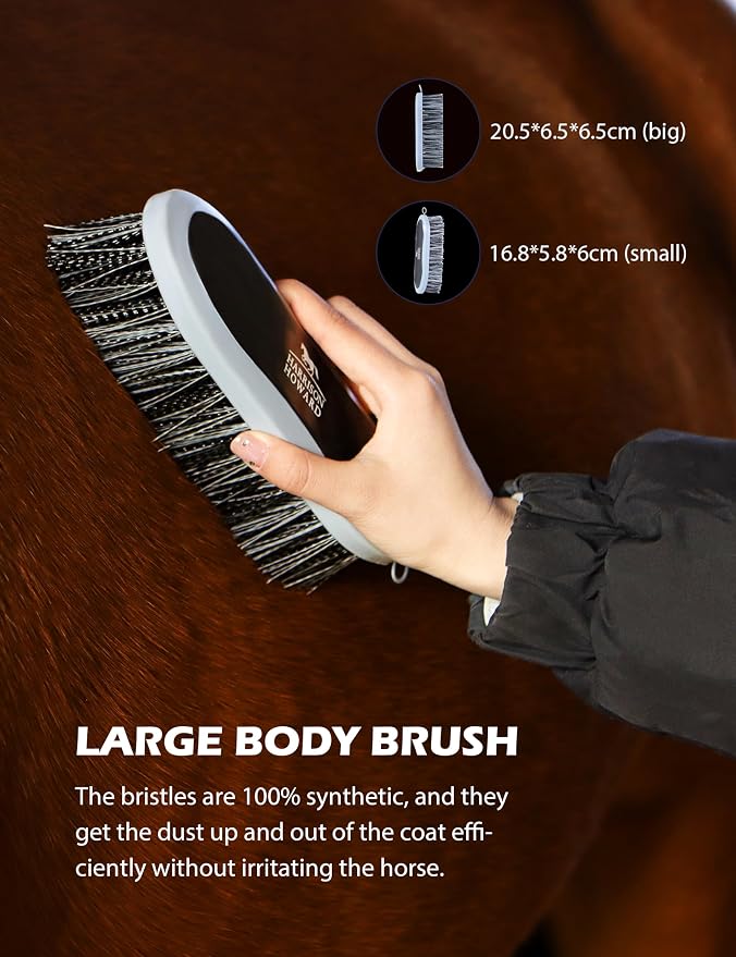 Harrison Howard Horse Grooming Kit 9 Piece with Tote, Non-Slip Silicone Grip Brush Set for Horses, Shedding Bathing Daily Care, Beginner Friendly Black