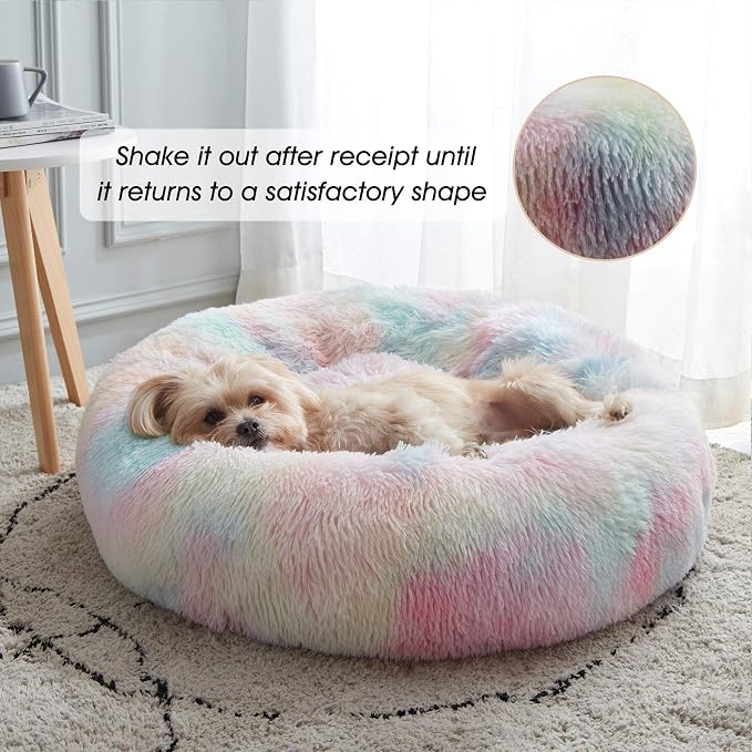 Western Home Calming Donut Small Medium Pet Dog Bed Washable,27" Rainbow | Fluffy Faux Fur Round Cuddler,Anti-Anxiety,Anti-Slip Bottom,Plush Pet Dog Beds for Small Medium Sized Dogs,Up to 35 LBS