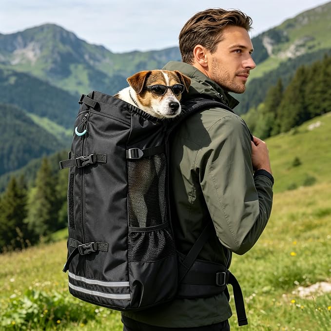 Big Dog Backpack Carrier, Grey-M | Extra Large Pet Carrier for 66lbs Dogs, Fully Adjustable Water-Resistant Dog Travel Bag for Hiking Cycling Outdoor Adventures
