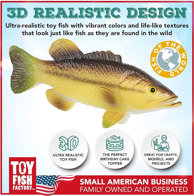 Toy Fish Factory American Angler Collection Toy Fish Set, Toy Fish Figurines, Largemouth Bass Catfish Bluegill Crappie Striper, Educational Toy, Fish Cake Topper, 3” Long