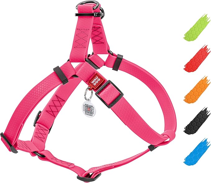 WAUDOG Waterproof Dog Harness - Adjustable, Heavy Duty with Durable Metal Clasp & QR Dog Tag - Modern Style for Medium Dogs - Pink, Size S: 16-22"
