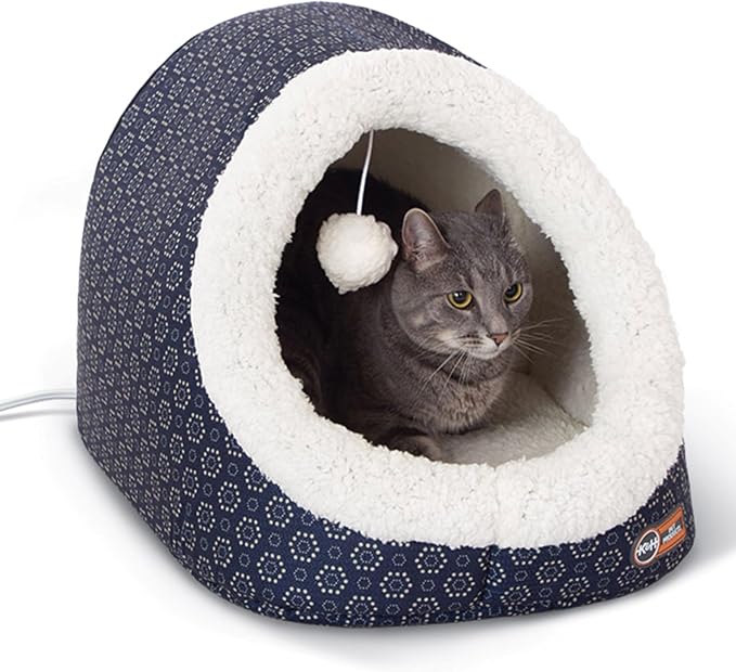 K&H Heated Cat Bed, Thermo-Pet Cave Indoor, Safety Listed, 4W, Navy/Geo | Removable Waterproof Cat Heating Pad, Heated Pet Bed for Dogs & Cats, Covered Cave Pet Tent, Collapsible, Machine Washable