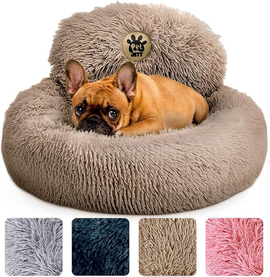 PetJett Calming Dog Beds for Small Dogs – 23" Donut Dog Beds, Anti-Slip & Washable Puppy Bed - Fluffy Plush Faux Fur Pet Bed, Anti-Anxiety Premium Comfort Round Pillow, Fits Dogs up to 25 lbs – Beige