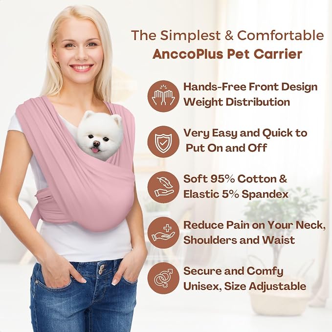Small Dog Sling Carrier, Hands-Free, Light Pink, Regular | Patented Front Carrier Reduces Back and Neck Strain; Adjustable, Soft Cotton, 3D Air Mesh for Puppies & Cats up to 20 lb