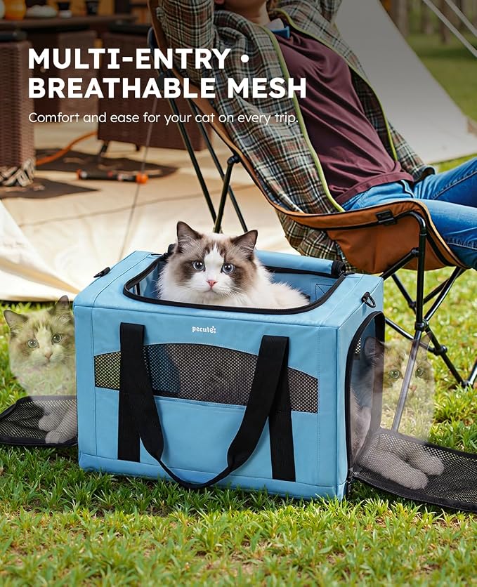Pecute Cat Carrier Stable, Pet Carrier with Privacy Partition,Light Blue | Safe For Car Travel, Stable Steel Frame, Soft-Sided Pet Carrier Bag For Dogs And Cats Up To 15lbs, Foldable Design,XL.