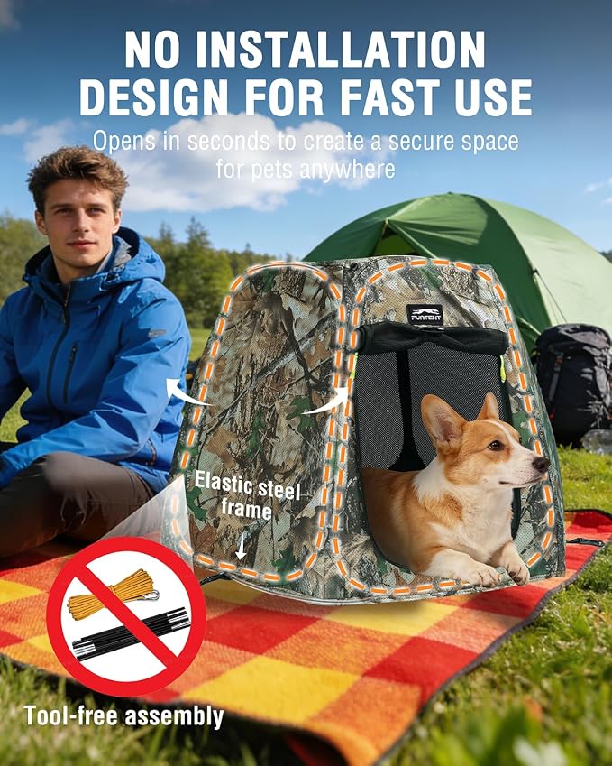Portable Assembly-Free Dog Tent, Ventilation Outdoor Indoor Dog House, Sunshade Camping Pet Tent for Dogs with Non-Slip Cushion, Foldable Dog Tent with Zipper Door Up to 35LB