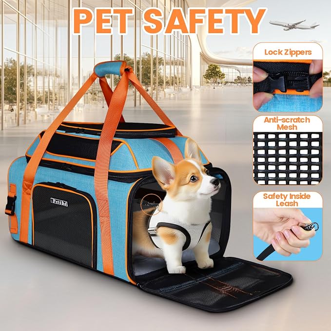 Top-Expandable Pet Carrier with Wheels Airline Approved, Blue | 19"L x 13"W x 9"H, for Southwest Allegiant Airlines, Lockable Safety Zippers and Anti-Scratch Mesh, Pets Under 12 Lbs