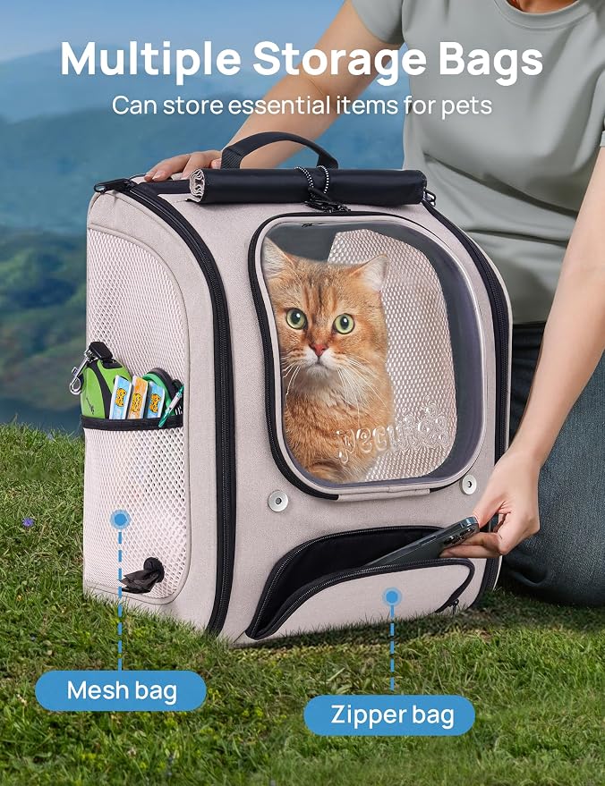 Pecute Cat Backpack Carrier,Large Space Cat Bubble Backpack,Ergonomic,Khaki | Sunshade Curtain,Transparent Window,Safety Rope,Sturdy,Large Mesh on Both Sides for Breathability,Suitable for Outdoor,Vet
