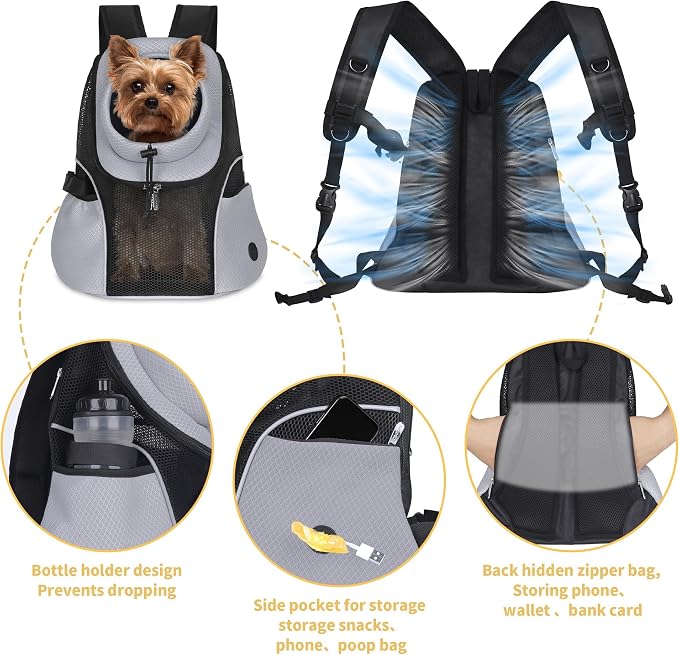 WOYYHO Pet Dog Carrier Backpack, Ventilated Mesh Small Dog Front Backpack | Breathable Puppy Back Pack, with Safety Belt, Storage Pockets, for Travel Hiking Cycling Outdoor Adventures, Grey, S