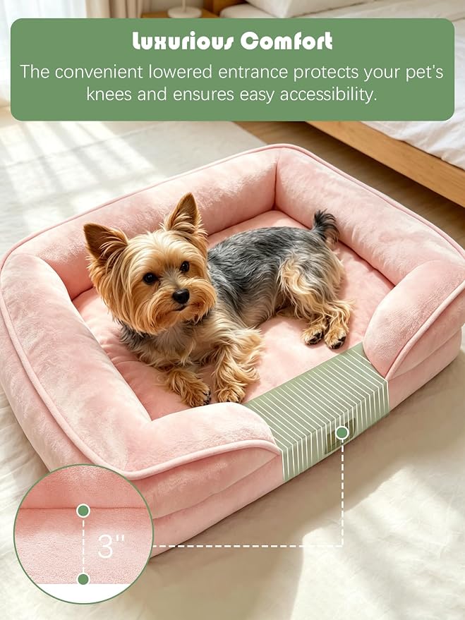 Spotted Play Orthopedic Dog Bed with Sides - Sofa Beds for Small Dogs, Supportive Foam Pet Couch Bed with Washable Removable Cover, Waterproof Lining and Non-Slip Bottom, Pink - S