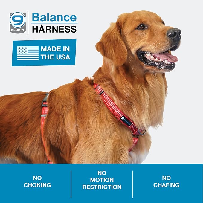 Blue-9 Reflective Buckle-Neck Balance Harness, Fully Customizable Fit No-Pull Harness with 3M Reflective Stitching, Ideal for Dog Training and Obedience, Made in The USA, Red, Medium
