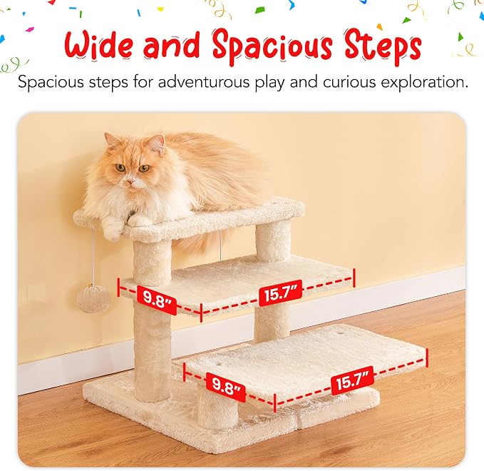 15''H Multi-Step Pet Stairs for High Beds & Sofas, 3-Step Cat Stairs with 2 Toy Balls, Wide Boards for Indoor Kittens Dogs Pets Climbing, Beige
