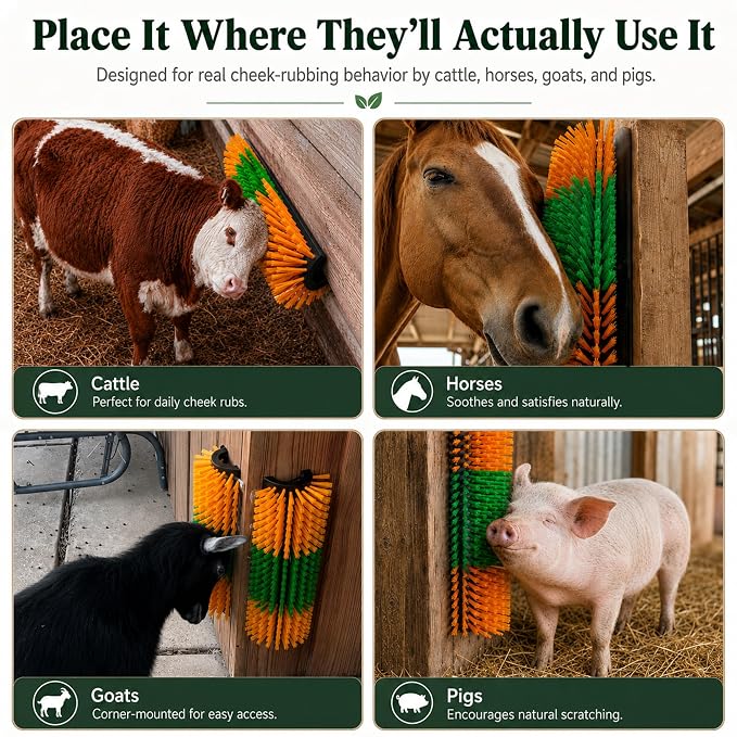 Livestock Scratching Brush, 4-Pack-Grooming Posts for Cows, Horses, Goats and Pigs with 8 Screws, Help Relieve Discomfort in Livestock and Prevent Damage to Fences