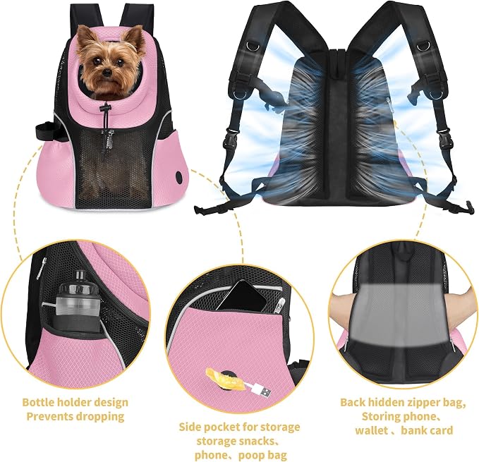 WOYYHO Pet Dog Carrier Backpack, Ventilated Mesh Small Dog Front Backpack | Breathable Puppy Back Pack, with Safety Belt, Storage Pockets, for Travel Hiking Cycling Outdoor Adventures, Pink, S