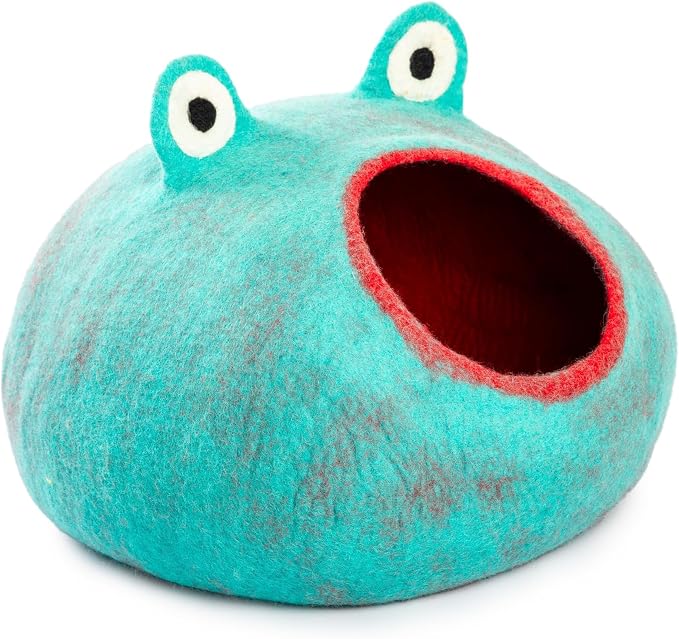 Luxurious Merino Wool Cat Cave - Foldable Hideaway Pod for Indoor Cats - Premium Felt Kitten Pet Enclosure - Covered Cat House for Ultimate Cozy Comfort by Woolygon (Turquoise Frog)