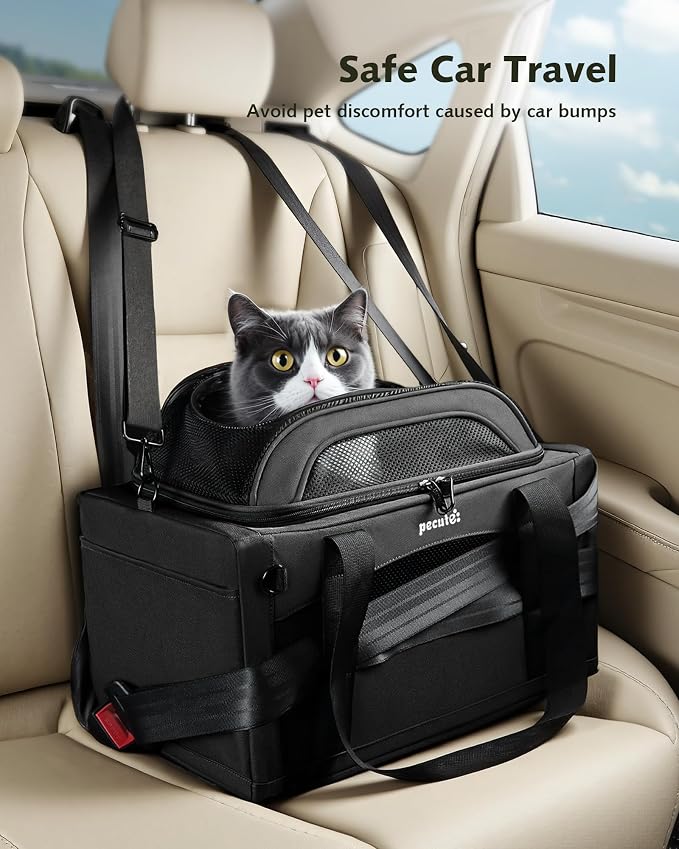 Pecute Top Expandable Airline Approved Pet Carrier for Cats, Olive Green | Top side expandable, breathable scratch-resistant mesh, leakproof pee pad, locking zippers, foldable travel bag under 11lbs.