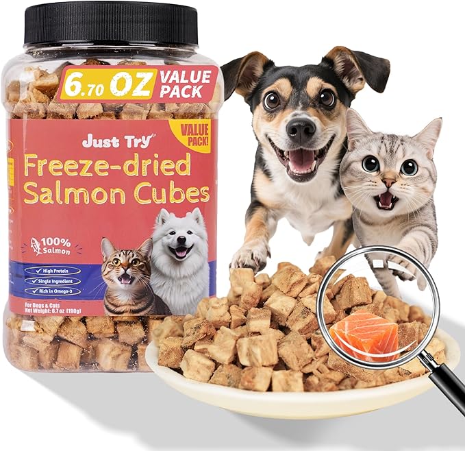 Just Try 6.7 oz Freeze-Dried Salmon Treats for Dogs & Cats - Single Ingredient, High Protein Dog Treats - Grain-Free, Rich in Omega-3 for Skin & Coat