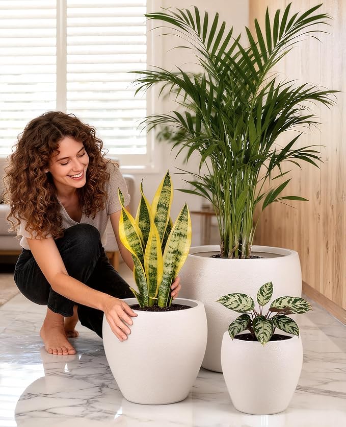 homenote Flower Pots 14.5/12/9.6 Inch,Large Plant Pots Indoor with Drainage,Plastic Pots for Plants,Garden Pots for Outdoor,Large Planters for Indoor Plants,Big Plastic Planter,Off-White(3 Pcs)