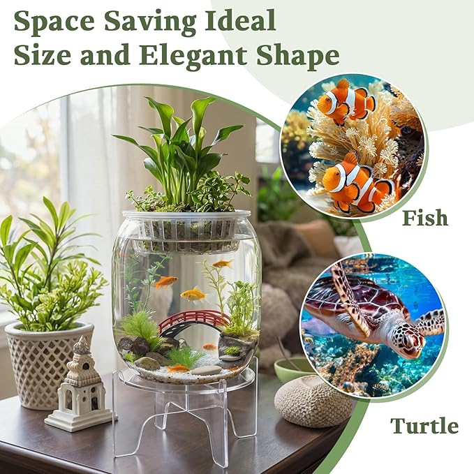 Thenshop 1.07 Gallon Plastic Aquaponic Planter and Aquarium Betta Bowl Fish Aquariums Small Fish Tank with Base and Top Promotes Healthy Hydroponic Environment for Plants (Elliptical Cylinder)