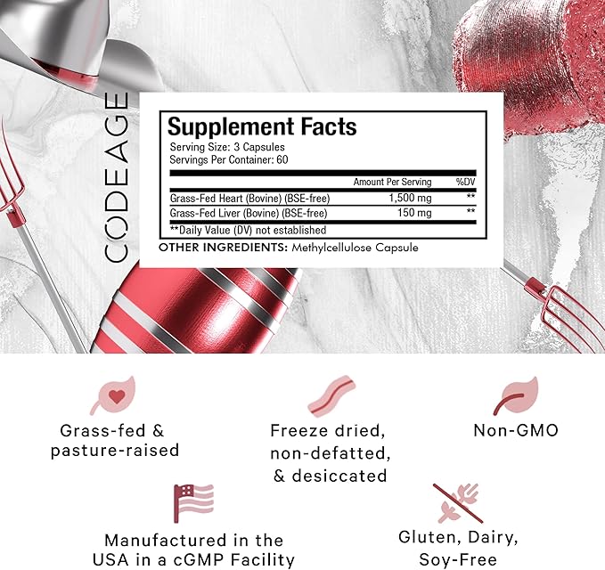 Codeage Grass Fed Beef Heart Supplement - Freeze Dried, Non-Defatted, Desiccated Glandular Supplements - Bovine Meat & Liver Pills - Beef Vitamins for Heart - Non-GMO -180 Capsules