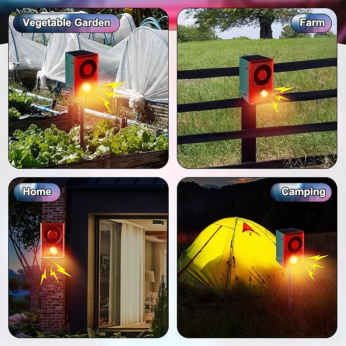 Qualirey 2 Pcs Solar Outdoor Motion Sensor Alarm with Stake Gunshot Sound Dog Barking, 3 Modes Support Recording and Adjustable Volume USB Charging 129 dB Loud Noise Maker for Animal Deterrent