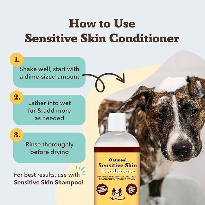 Natural Dog Company Sensitive Skin Dog Conditioner – Oatmeal Moisturizing for Sensitive & Itchy Skin, Detangling Grooming Formula for Long Haired Dogs, with Manuka Honey & Chamimile, 12 oz