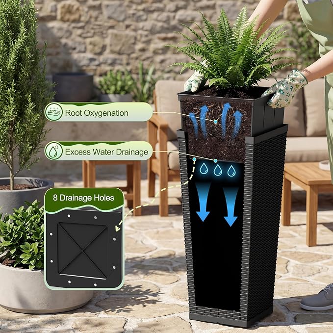 Devoko Resin Tall Planters for Outdoor Plants Set of 2, Large Taper Outdoor Planter Pots with 4 Drainage Holes, Flower Pots Modern Decor for Porch, Patio, Backyard, Home Garden (Black, 24'')
