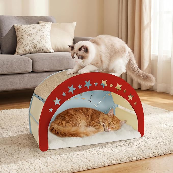 Cat Scratcher Bed, 3 in 1 Design-Bed, Scratcher, Hideaway Cave | with Elevated Sisal Pad & Reversible Fleece Mat,Sturdy HDPE Lounge for Indoor Cats, Tool-Free 30s Assembly, Supports 30 lbs