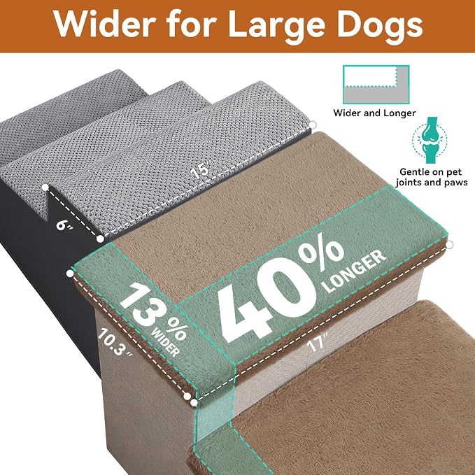 Zerbuger Dog Stairs with Storage Khaki Furry Lids 3 Steps Dog Ramp no Condo | 18" H Wider Dog Steps for High Beds Couch, Folding Storage Pet Stairs Gift for Climbing Small/Medium/Large Old Dogs Cats