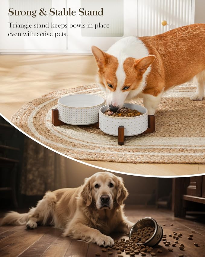 MALACASA Dog Bowl Set, Ceramic Bowls with Walnut Wood Stand, 3.5 Cups | Rhombic and Polka Dot Design, Non-Slip Base, for Cats and Dogs, About 26% Heavier than Similar Ceramic Bowls