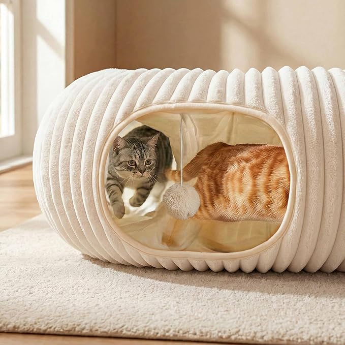 Cat Tunnel Bed with 40 Pcs Interactive Cat Toys, Cat Tube with Kitten Toys for Indoor Kittens, Collapsible Play Tunnel, White