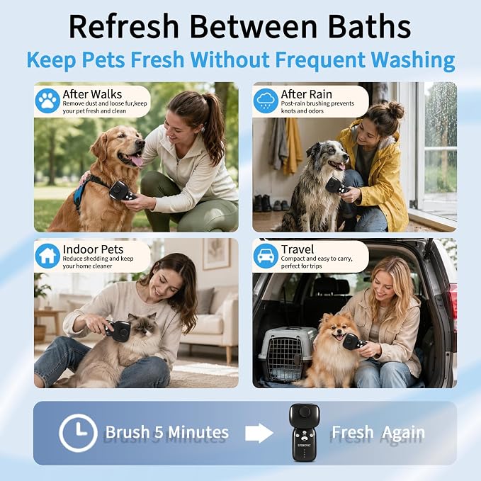 Dog Odor Remover Brush for Dogs & Cats, Cold Plasma Pet Freshening Brush, Helps Reduce Pet Smell Between Baths, Deshedding Comb with Rotating Adjustable Stainless Steel Pins