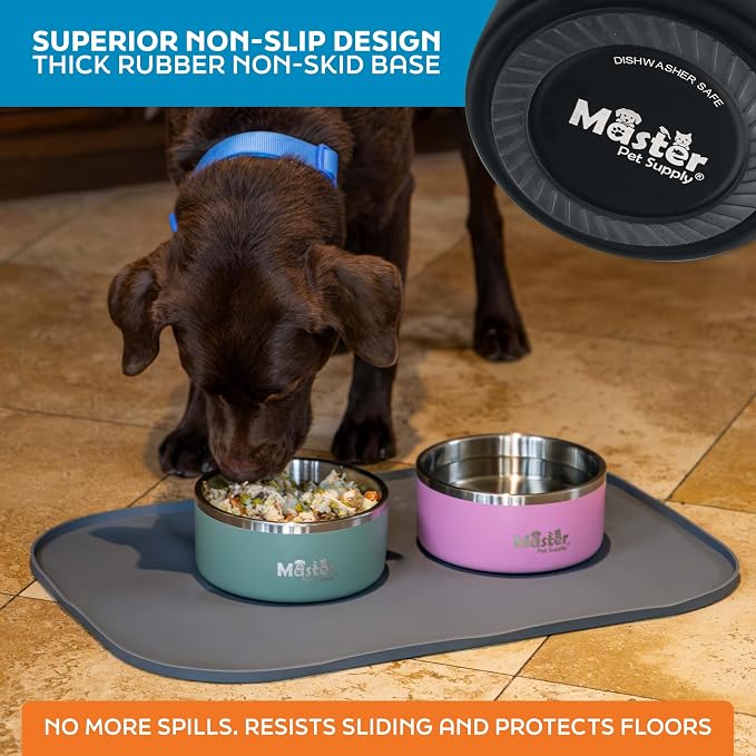 Master Pet Supply Stainless Steel Dog Bowls - 32 oz, Heavy Duty - Black Velvet, Double Wall Extra-Thick Insulated, Non-Slip Pet Water Bowl for Dogs, Cats & Pets, Anti Rust Metal, Dish Washer Safe
