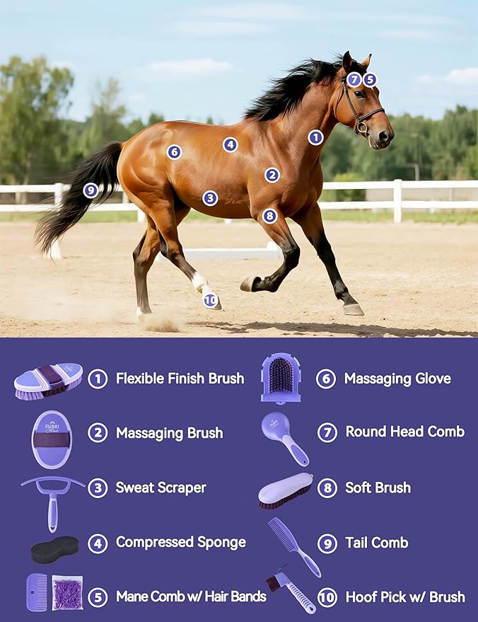 11-Piece Horse Grooming Kit with Waterproof Tote Sugar Taro | 10 coordinated horse grooming tools with comfort-grip designs and a spacious waterproof tote for complete horse grooming