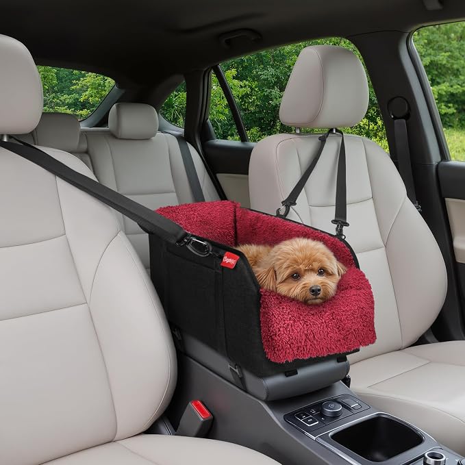 Center Console Dog Car Seat for Small Pets to 11lbs, Red | Anti-collapse armrest Console seat with washable fluffy cushion, pillow & tether for stable, cozy pet travel trips.