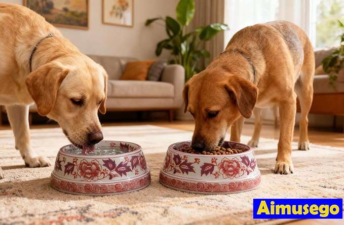 Aimusego 25 FL OZ / 3.2 Cups Handpainted Ceramic Dog Bowl, Purple and White Chinoiserie Floral Vintage Cute Heavy Duty Non-Slip Pet Feeding Dish for Medium Dogs-Dishwasher, Microwave Safe