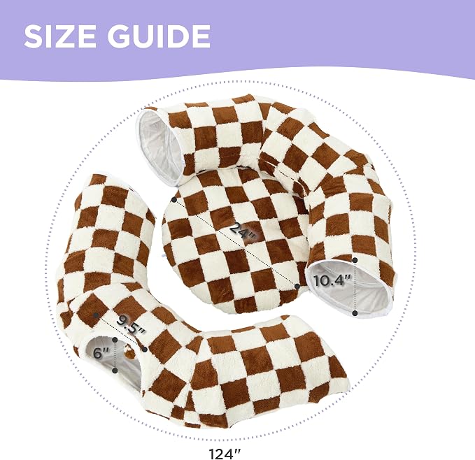Lesure Donut Cute Jacquard Large Cat Tunnel Bed Kitten Toys for Dog Bunny | 39.5x39.5x10in,Round Large Cat Bed Tube for Multi Kittens,Pet Peekaboo Cave Toy,Spiral Hideaway,Washable Cushion,Brown Checks